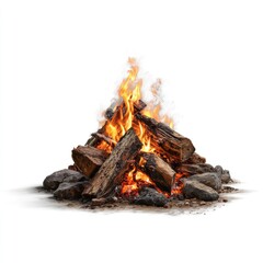 A pyre of burning firewood, flames dancing, resting upon stones, with soft shadows