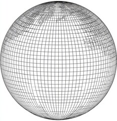 Wireframe sphere with grid lines representing continents and oceans