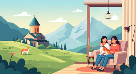 Two women and a dog relax indoors with a scenic mountain landscape visible