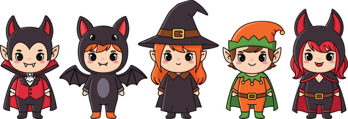 Obraz premium Cute Halloween Kid Costume Mascot Set – Adorable Kawaii Vampire Witch Bat and Elf Character Illustrations for Spooky Seasonal Branding and Party Stationery