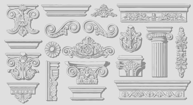 Collection of ornate architectural moldings and decorative elements featuring columns, capitals, and intricate carvings in a monochromatic style, architectural design elements