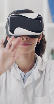 Woman, scientist and vr with headset in laboratory for futuristic interaction or development. Female person, virtual reality or medical simulation with UI for clinical trial, research or innovation