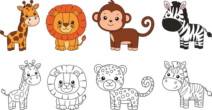 Cute Safari Animal Character Set &ndash; Adorable Baby Lion Giraffe Zebra Monkey and Cheetah Vector Illustrations in Full Color and Line Art for Kids Nursery and Coloring Pages