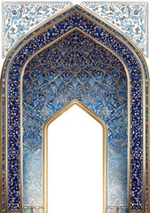 Ornate blue archway with intricate gold patterns, white space within