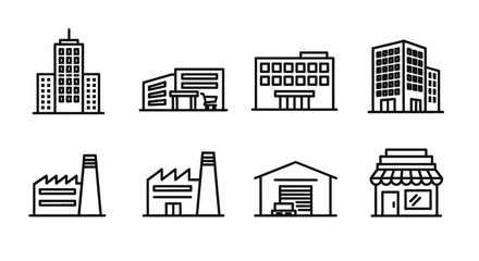 Collection of various building types in a clean line art style.