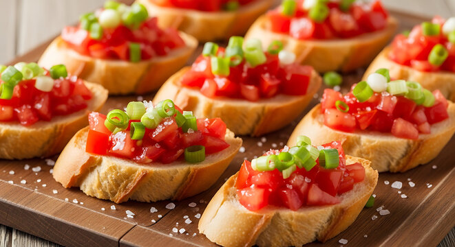 Freshly prepared tomato bruschetta topped with fresh green onions on a wooden board