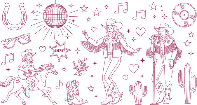 Cowgirl and Country Western Illustration Set &ndash; Pink Vector Line Art of Disco Ball Cactus Horse and Cowgirl Mascot for Bachelorette Party and Festival Design