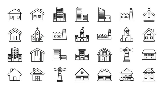 Diverse collection of outlined building icons representing various architectural structures.
