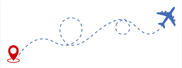 Airplane flight route with dotted line and plane silhouette color illustration. Flat vector airplane icon with dotted line starting point and arrival destination.