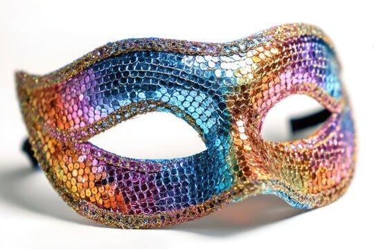 A vibrant, sequined masquerade mask with eyeholes, on a white background