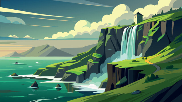 Flat Design Vector Illustration of a Scenic Coastal Waterfall Cascading into the Ocean from Green Cliffs