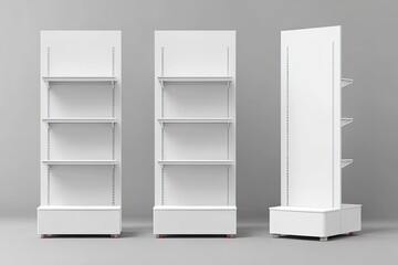 Three plain white retail shelves shown from front and side angles against a gray backdrop