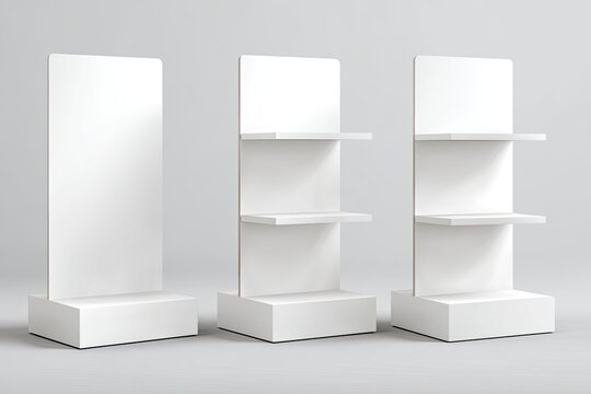 Three blank white retail display stands with rectangular bases, shelves, and header cards