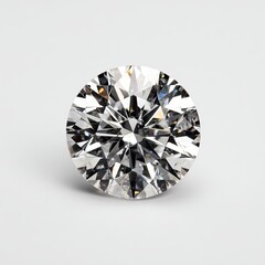 Brilliant-cut, round, faceted gemstone on a white background, reflecting light