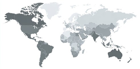 Naklejka premium A shaded world map showing countries in various grey tones, with each representing different values