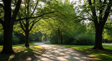 Fototapeta premium A serene pathway winding through a lush green park with towering trees and vibrant foliage on a sunny day from a frontal viewpoint