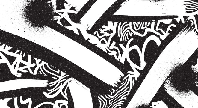 Vibrant graffiti-style abstract background in black and white, featuring bold brush strokes, scribbled lines, and spray paint for an urban, edgy look.