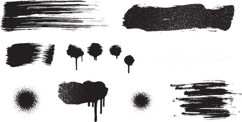 Collection of Black Ink Paint Brush Strokes, Splatters, and Drips for Distressed Design Elements © HexaFrame