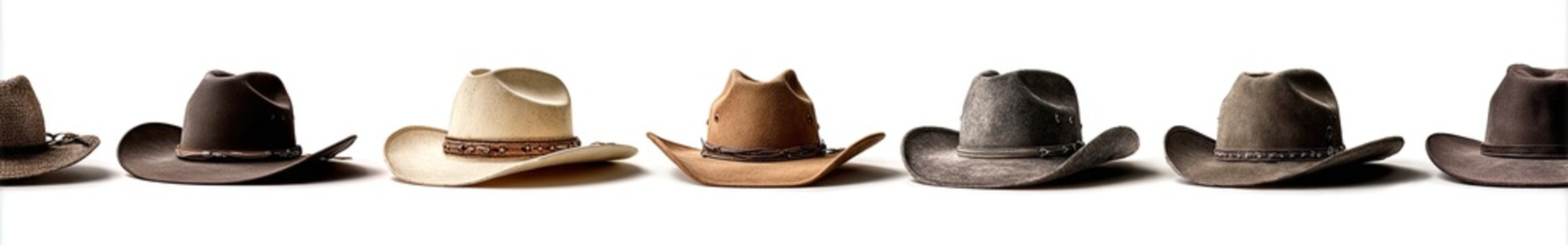 Assortment of cowboy hats displayed in a row on a white background