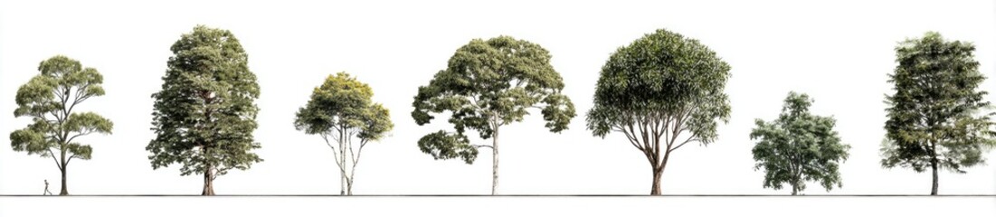 Obraz premium Seven different trees of various sizes and shapes stand in a row against a white backdrop