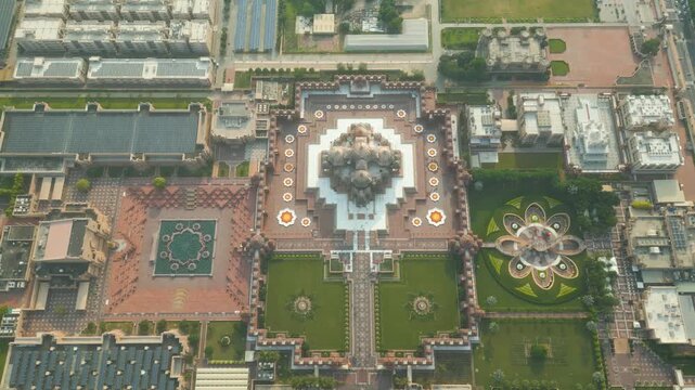 Aerial View Drone Footage of Akshardham Temple in New Delhi one of the largest Hindu temple in India