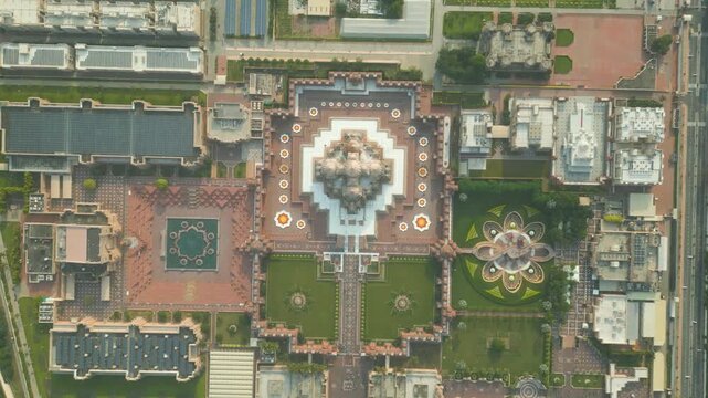 Aerial View Drone Footage of Akshardham Temple in New Delhi one of the largest Hindu temple in India
