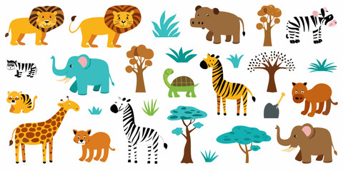 Colorful cartoon illustration of various african animals and trees © Prosanta