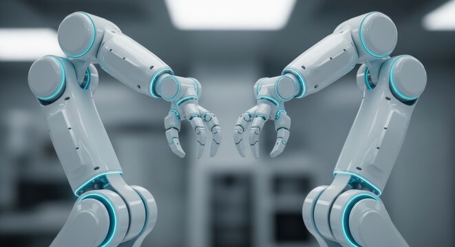 Robotic Arms Working Together in Factory.