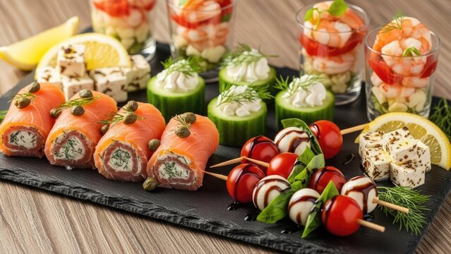 A beautifully arranged platter of assorted appetizers and finger foods