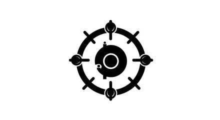 Obraz premium Black ship wheel icon with six spokes on white background for navigation design