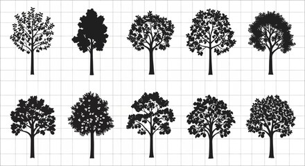 Fototapeta premium Collection of black tree silhouettes on grid background for design and decoration purposes