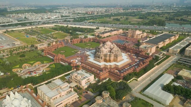 Aerial View Drone Footage of Akshardham Temple in New Delhi one of the largest Hindu temple in India