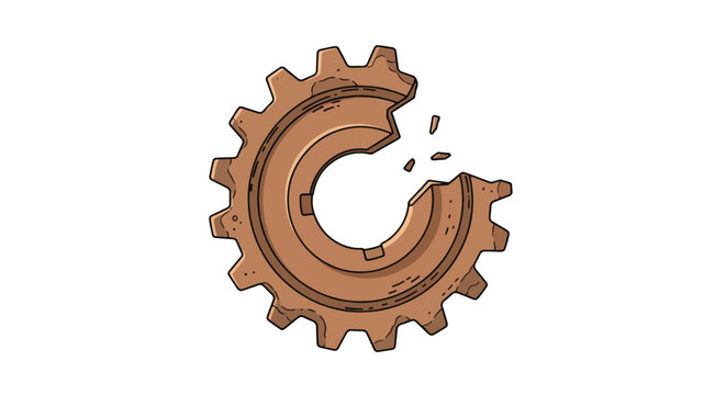 Detailed illustration of a single, old, rusty, and broken metallic gear with missing teeth and fragments scattering.