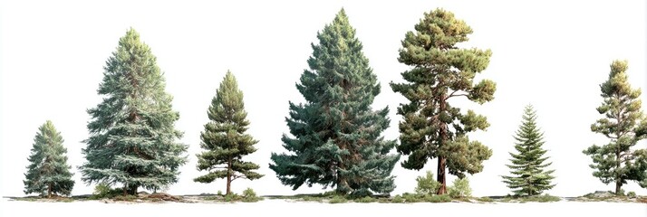 Obraz premium Seven coniferous trees of varying heights and types stand on a white background
