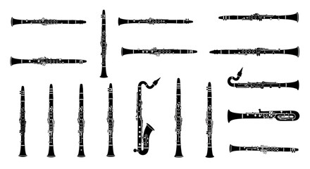 Fototapeta premium Collection of various historical woodwind instruments illustrated in black silhouette on white background