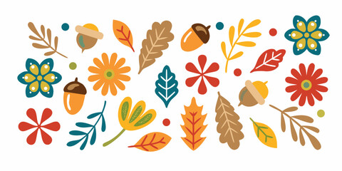 Obraz premium Colorful autumn leaves acorns and flowers in a flat design illustration