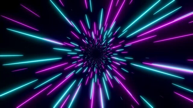 Abstract star field, hyper speed tunnel in purple and blue, light beam, loop animation. Glowing light trails, futuristic, lines, illuminated, design, time travel, science fiction, flying through space