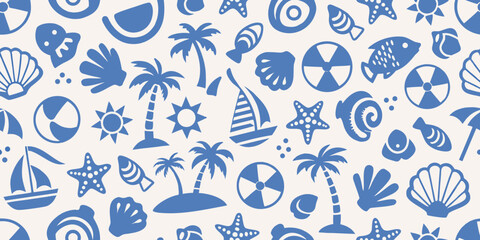 Blue summer themed seamless pattern with beach icons and tropical elements © Prosanta
