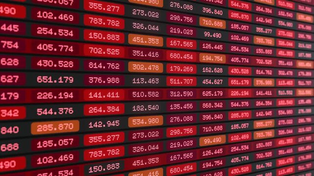 Financial or scientific data, red table, information, market data, prices, parameters. Business data or scientific evaluation, experimental results. 3D animation