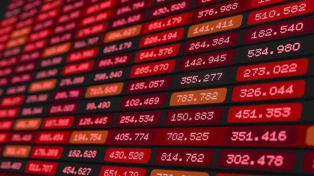 Close up screen with financial or scientific data, red table, market data, prices, parameters. Business data, financial planning or scientific evaluation, information, experimental results. 3D animati