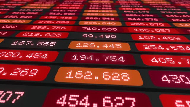 Close up screen with financial or scientific data, red spreadsheet, market data, prices. Business data, financial planning or scientific evaluation, information, experimental results. 3D animation