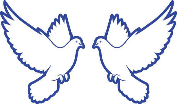 Two white doves in flight facing each other