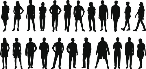 Silhouettes of diverse people standing in various poses, casual and semi-formal attire illustration, human posture and body language design for diversity and group concepts © AroshiCraft