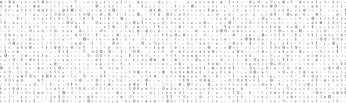 Digital binary code data stream pattern with varying shades of gray on a white background representing technology and information flow