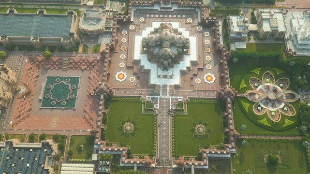 Aerial View Drone Footage of Akshardham Temple in New Delhi one of the largest Hindu temple in India