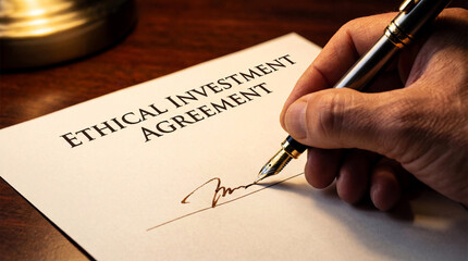 Fototapeta premium Close-up of a Hand Signing an Ethical Investment Agreement with a Fountain Pen on a Wooden Desk