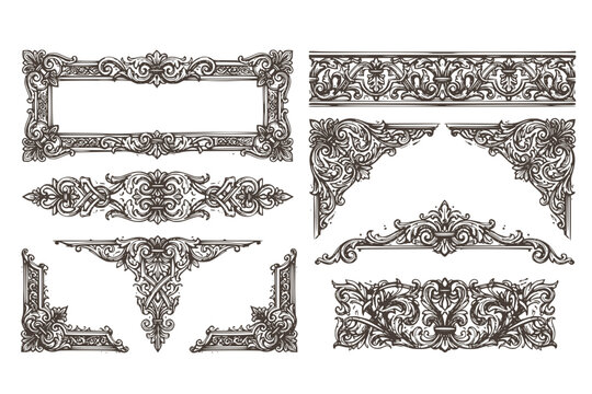 Vintage Border Vectors Engraved Baroque Ornament Frieze Floral Strapwork Knots Decorative Dividers Certificate Frame