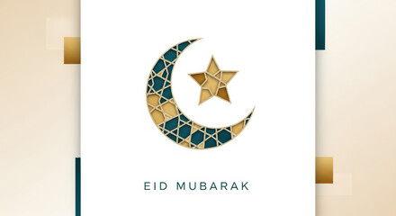 Obraz premium Elegant Eid Mubarak Greeting Card with Golden Crescent Moon and Star