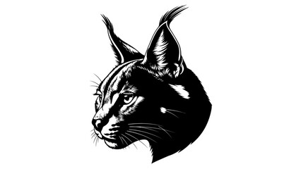 Black Caracal Head Silhouette, Wild Cat Portrait, African Lynx with Tasselled Ears, Vector Illustration