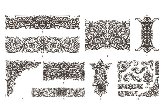 Vintage Border Vectors Engraved Baroque Ornament Frieze Floral Strapwork Knots Decorative Dividers Ornamental Design
